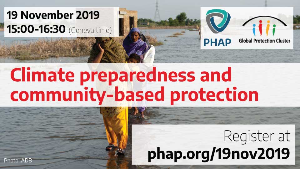 Banner for the webinar Climate, preparedness, and community-based protection