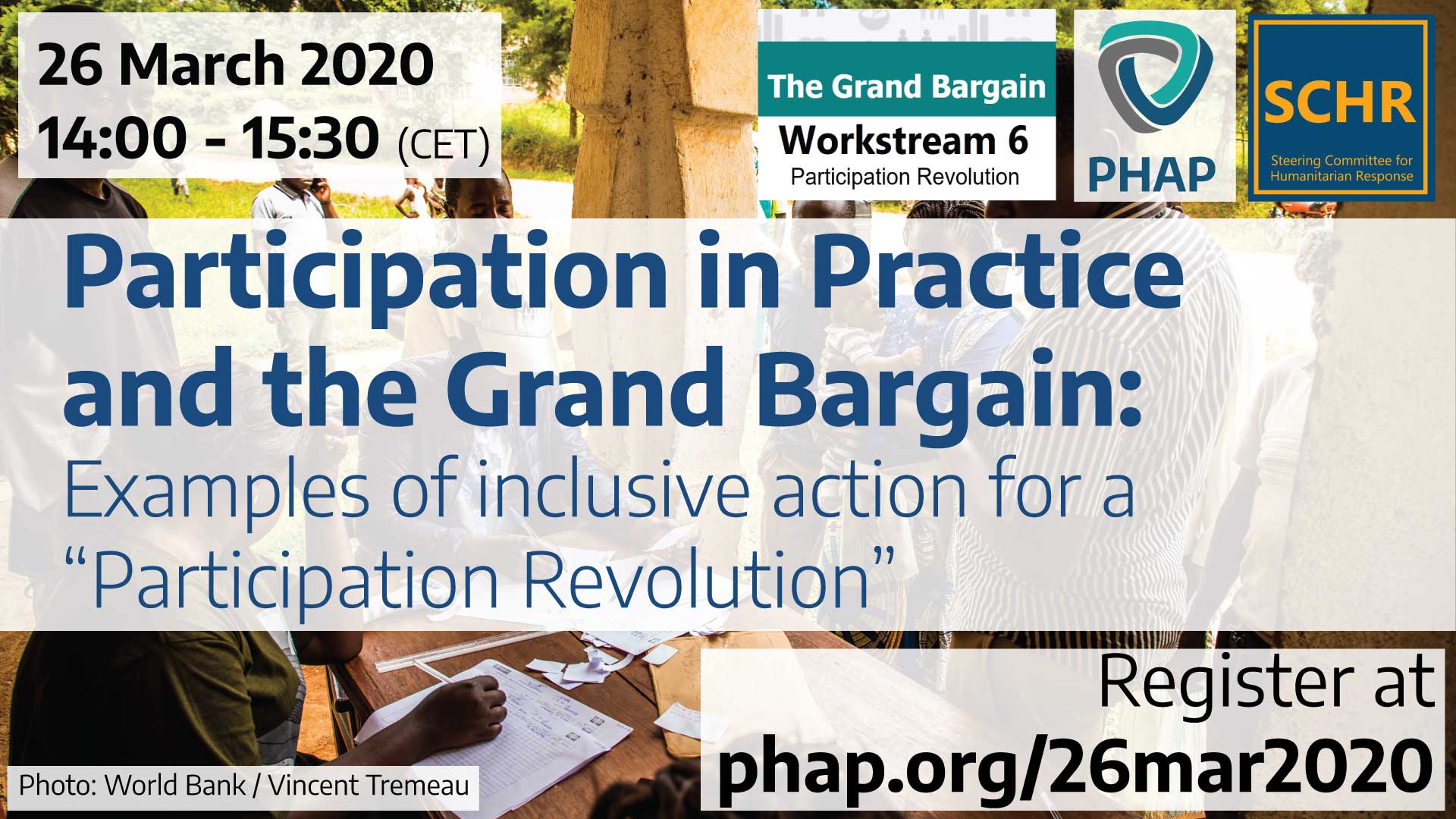 Banner for the webinar Participation in Practice and the Grand Bargain: Examples of inclusive action for a “Participation Revolution”
