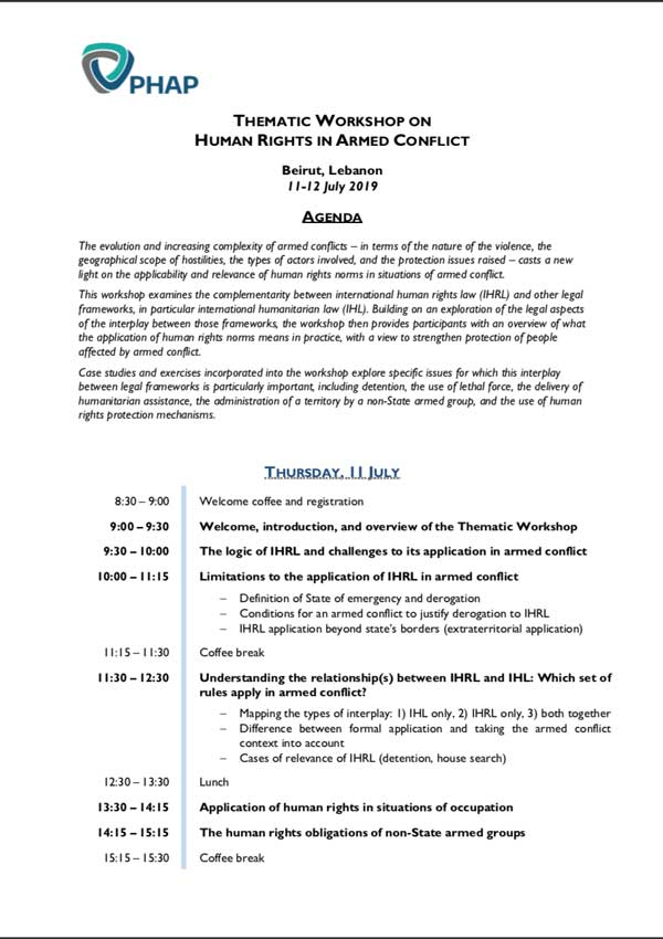 Agenda for the Beirut 2019 Thematic Workshop on Human Rights in Armed Conflict
