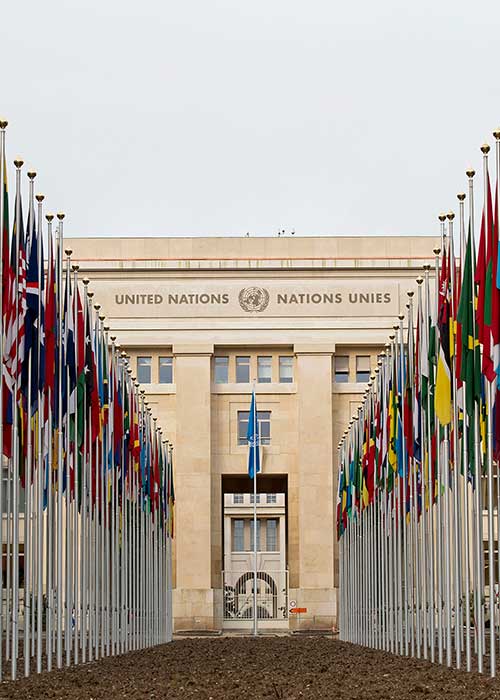 The United Nations office in Geneva (Palais des Nations) with the flags of all member states